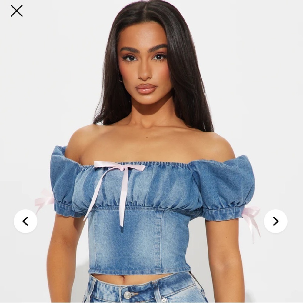 Fashion Nova Y2K Off-the-Shoulder Denim Top XL NWOT | Bow Detail